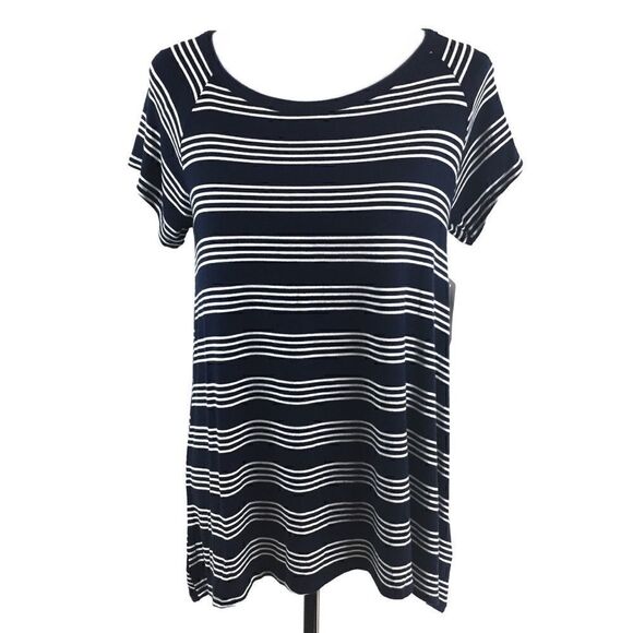 French Laundry Top Blue White Stripe Keyhole Back Short Sleeve Small - Picture 1 of 8